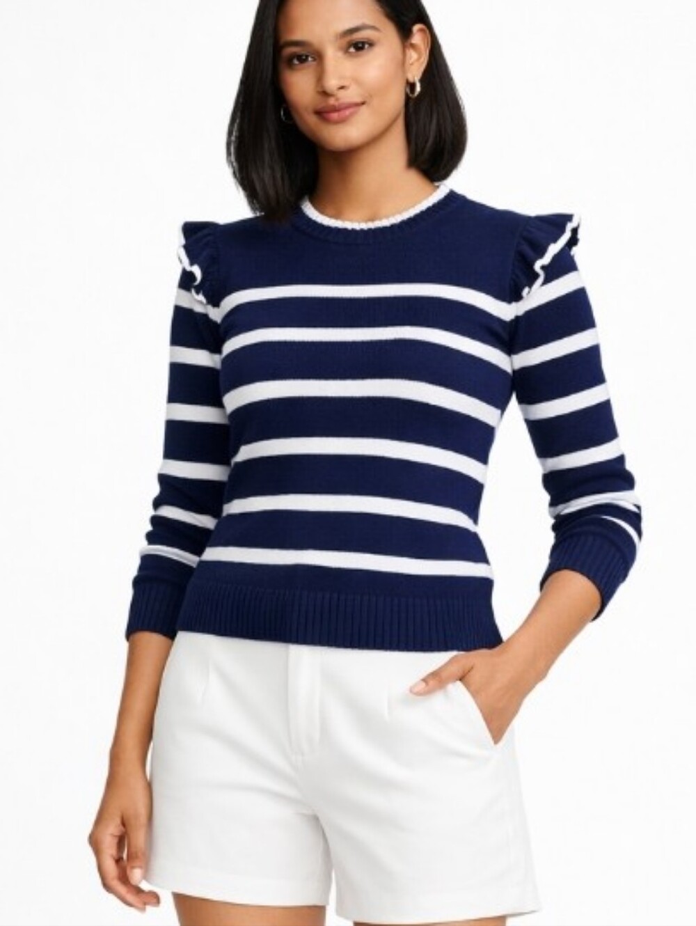 Navy and White Striped Sweater Ruffle Shoulder Small